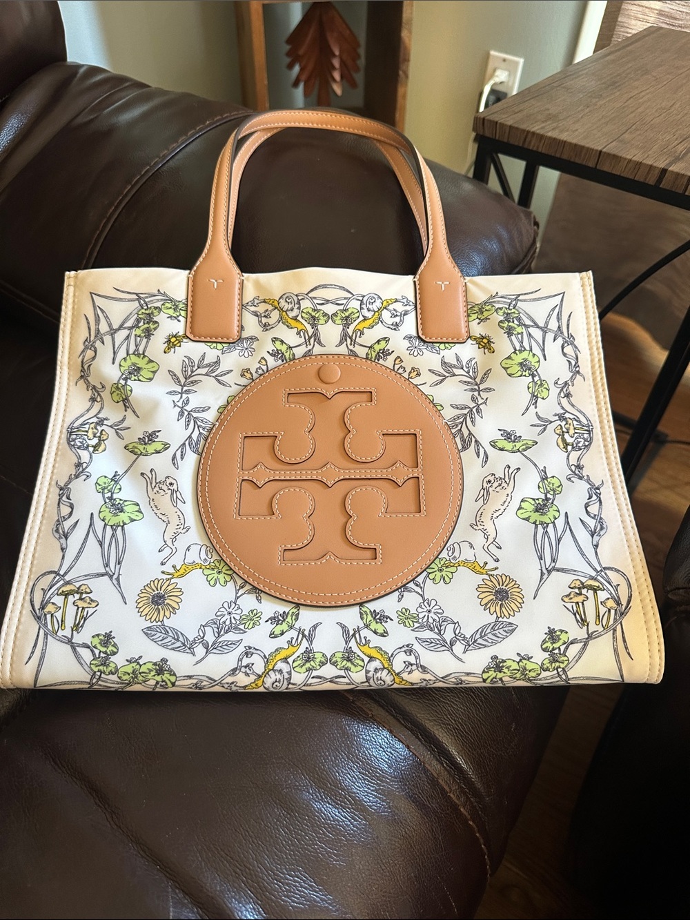 Tory Burch Floral Canvas Tote with Tan Leather Logo